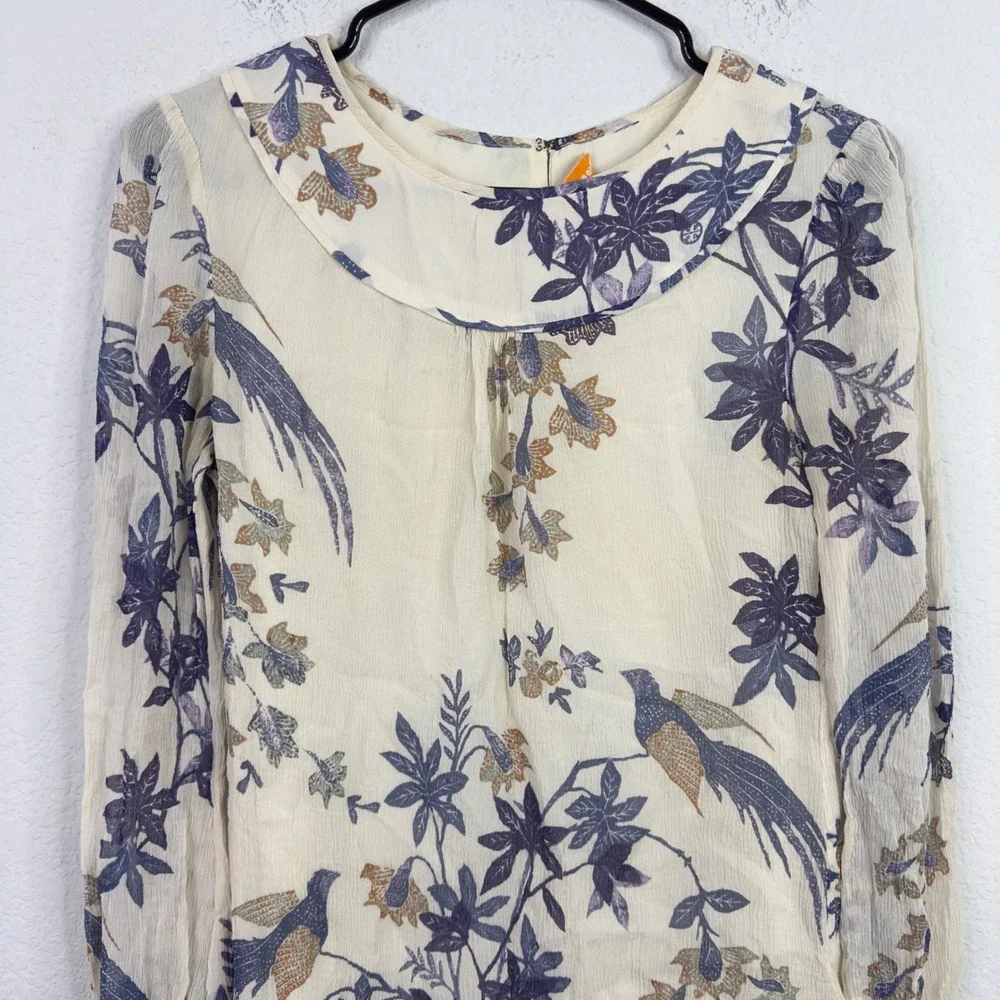 Tory Burch Shirt 4 Cream Silk Bird Floral Boho Cottagecore Artsy Romantic Luxury